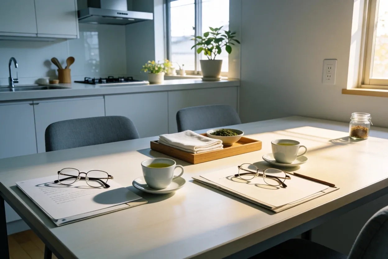 Elderly couple's dining table with documents